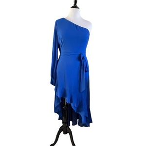 Badgley Mischka Belle Bailey One Shoulder Royal Cobalt Blue Dress 14 NWT Ruffle